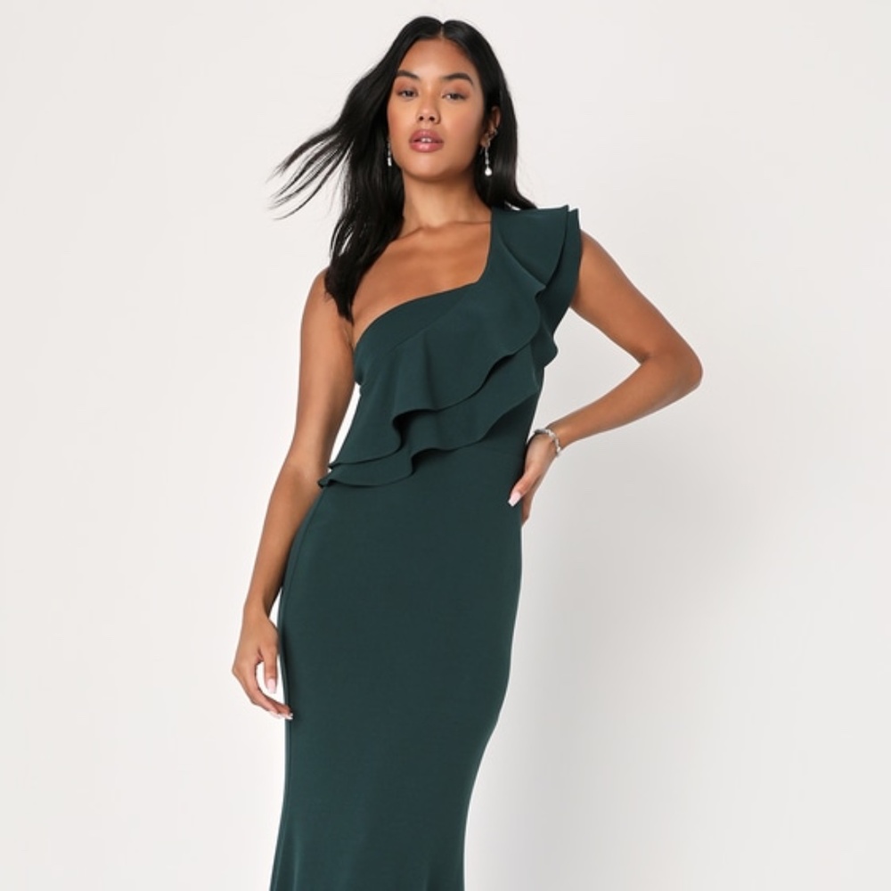 Lulus Grand Beauty Emerald Ruffled One-shoulder Mermaid Maxi Dress Green